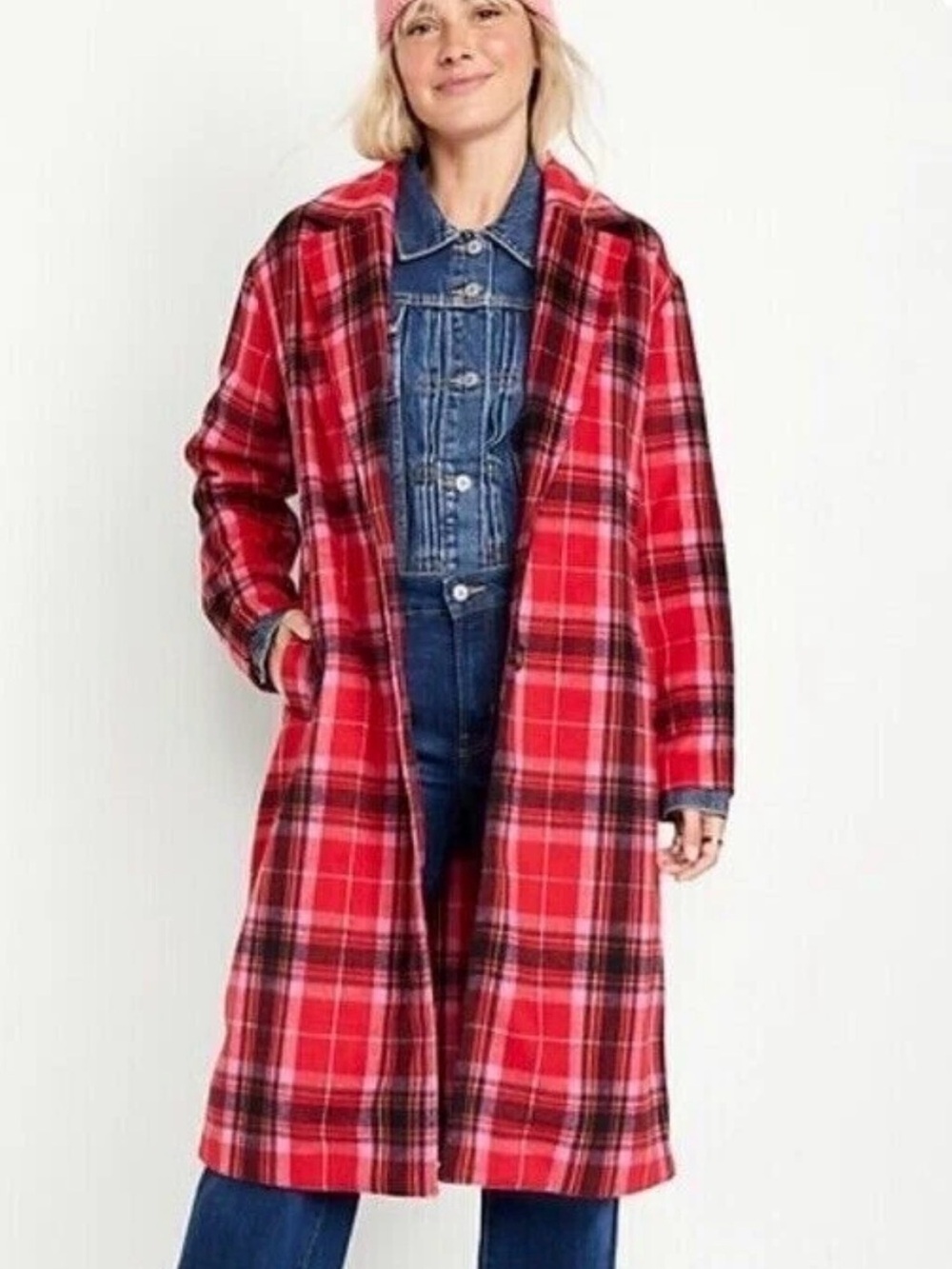 Old Navy Women Long Coat Red Tartan Plaid Sz L Petite Oversized Soft Pockets